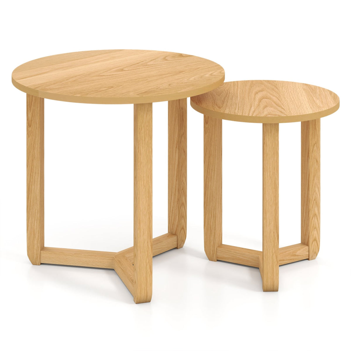 Round Nesting Coffee Table Set of 2 Wood Nesting End Tables with Thickened Top-Natural-Coffee Tables-DECOROLALA