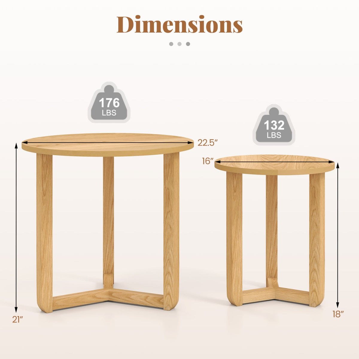 Round Nesting Coffee Table Set of 2 Wood Nesting End Tables with Thickened Top-Natural-Coffee Tables-DECOROLALA