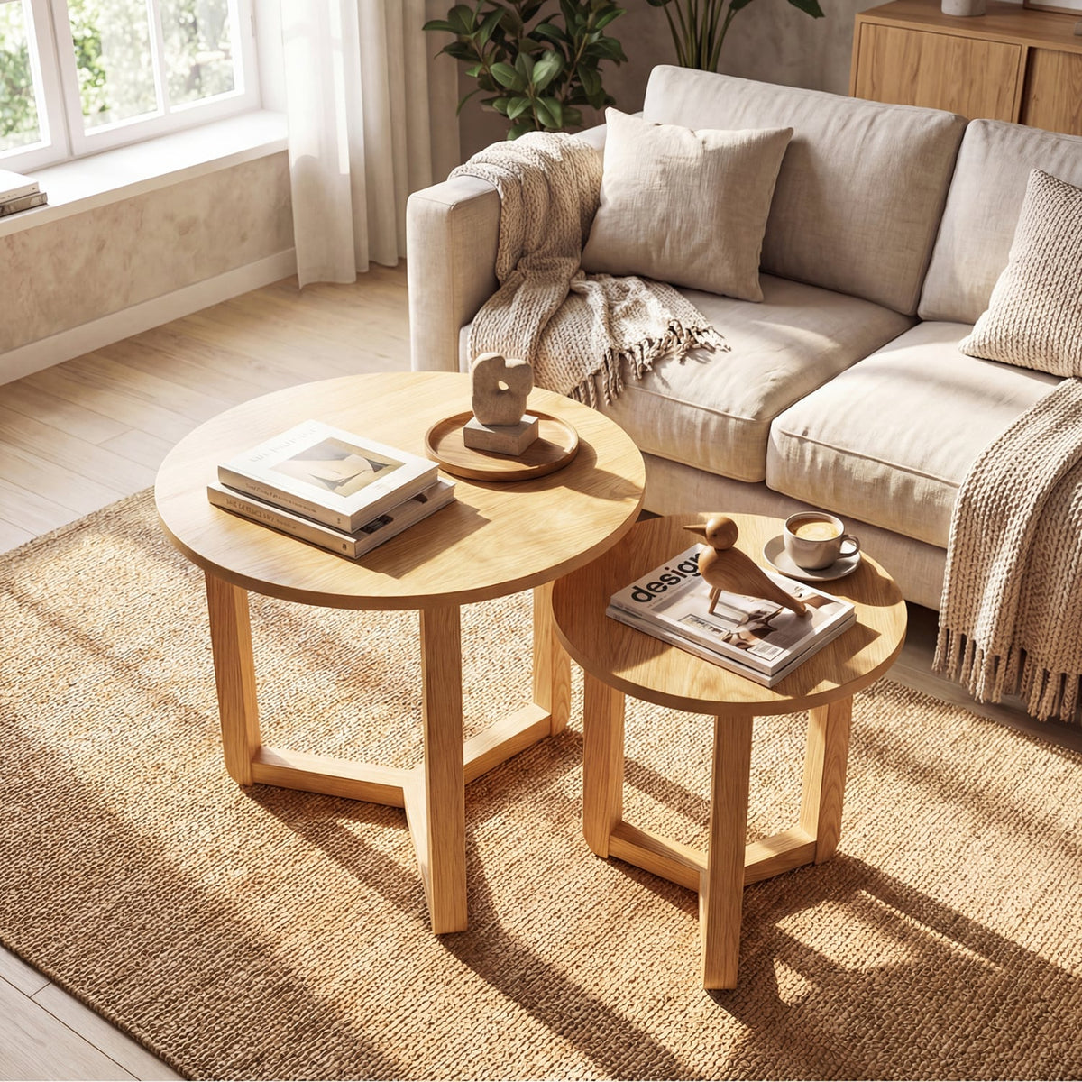 Round Nesting Coffee Table Set of 2 Wood Nesting End Tables with Thickened Top-Natural-Coffee Tables-DECOROLALA