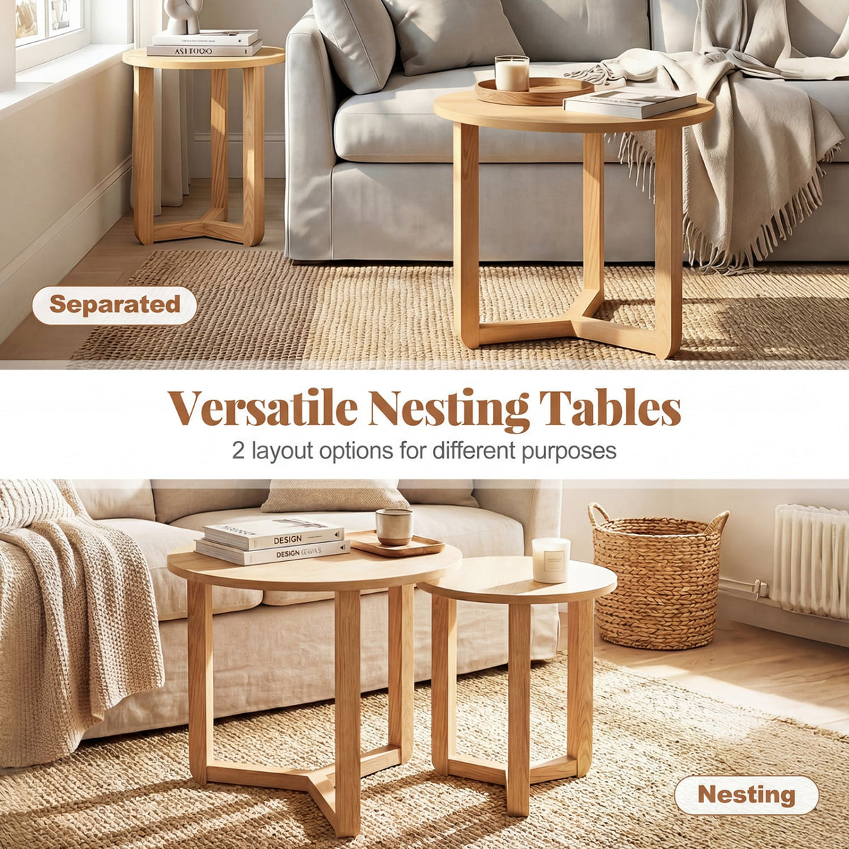 Round Nesting Coffee Table Set of 2 Wood Nesting End Tables with Thickened Top-Natural-Coffee Tables-DECOROLALA