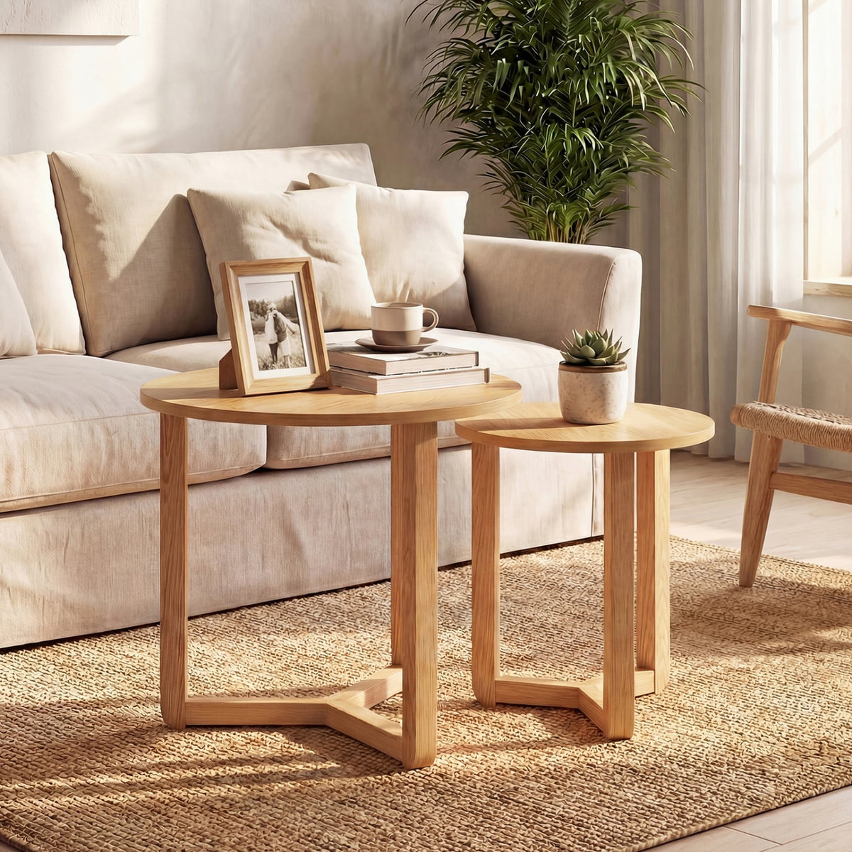 Round Nesting Coffee Table Set of 2 Wood Nesting End Tables with Thickened Top-Natural-Coffee Tables-DECOROLALA