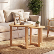 Round Nesting Coffee Table Set of 2 Wood Nesting End Tables with Thickened Top-Natural-Coffee Tables-DECOROLALA