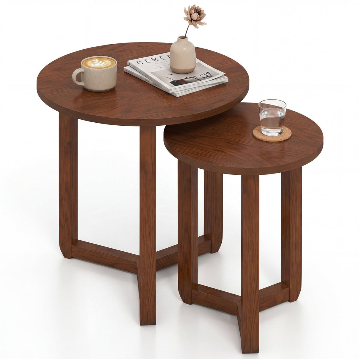 Round Nesting Coffee Table Set of 2 Wood Nesting End Tables with Thickened Top-Walnut-Coffee Tables-DECOROLALA