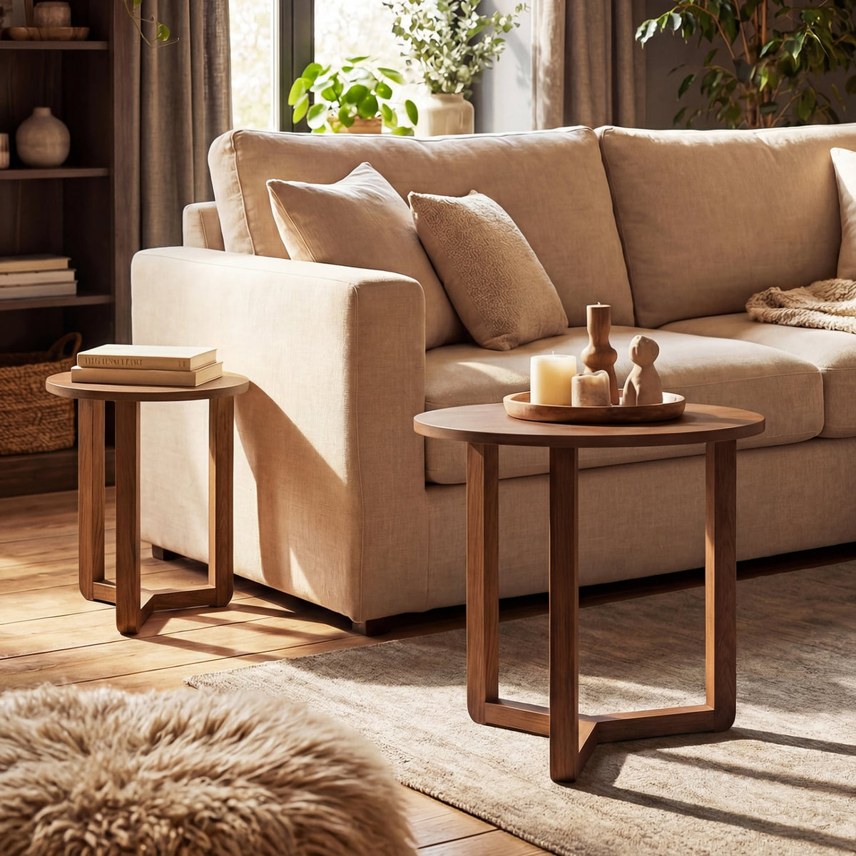 Round Nesting Coffee Table Set of 2 Wood Nesting End Tables with Thickened Top-Walnut-Coffee Tables-DECOROLALA