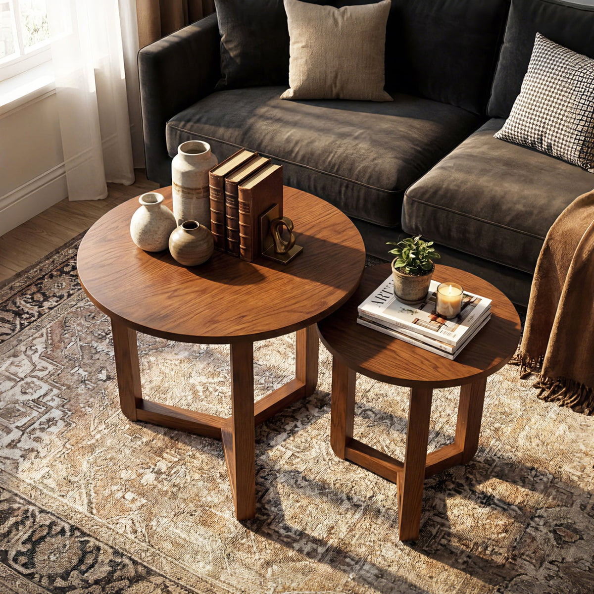 Round Nesting Coffee Table Set of 2 Wood Nesting End Tables with Thickened Top-Walnut-Coffee Tables-DECOROLALA