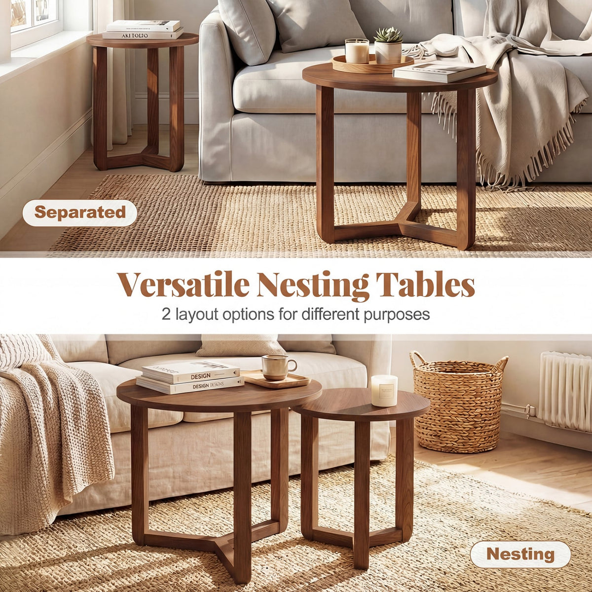 Round Nesting Coffee Table Set of 2 Wood Nesting End Tables with Thickened Top-Walnut-Coffee Tables-DECOROLALA