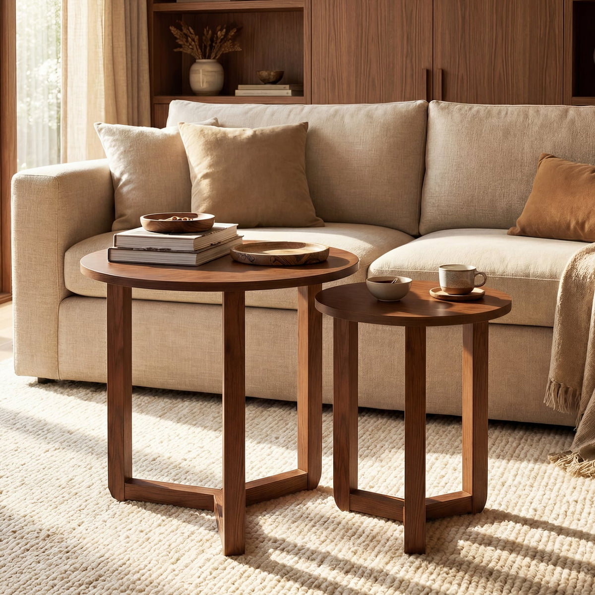 Round Nesting Coffee Table Set of 2 Wood Nesting End Tables with Thickened Top-Walnut-Coffee Tables-DECOROLALA