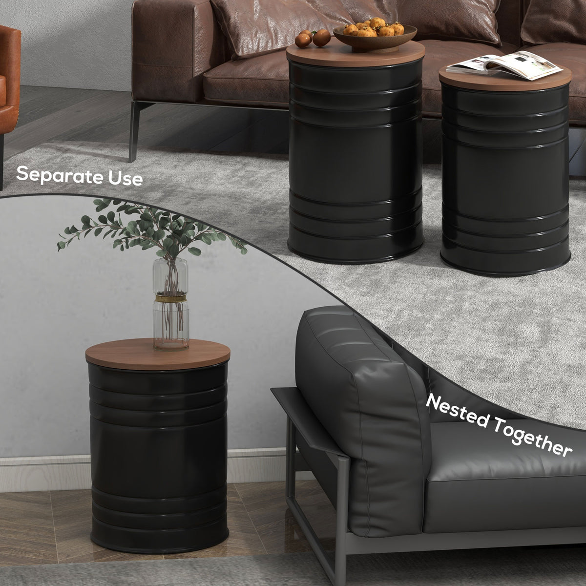Round Nesting Side Tables Set of 2 with Storage - Black-Home Furnishings > Living Room Furniture > Side¬†Tables-DECOROLALA