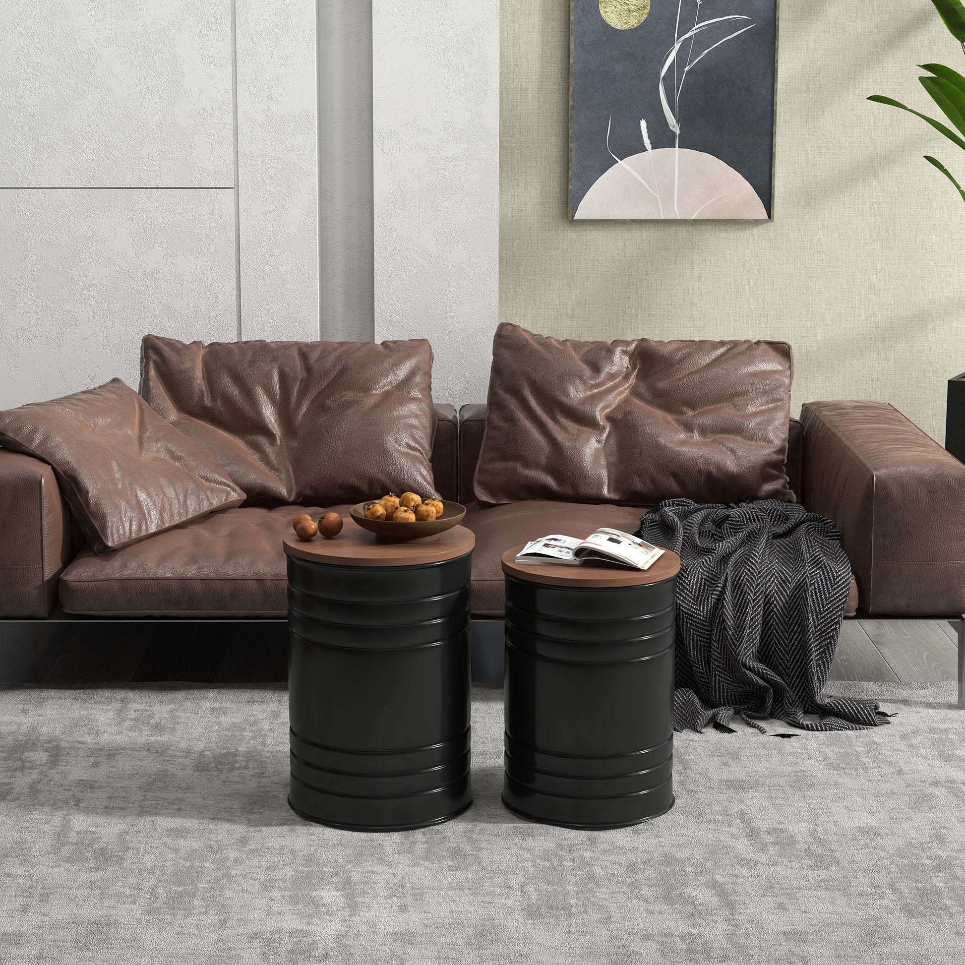 Round Nesting Side Tables Set of 2 with Storage - Black-Home Furnishings > Living Room Furniture > Side¬†Tables-DECOROLALA