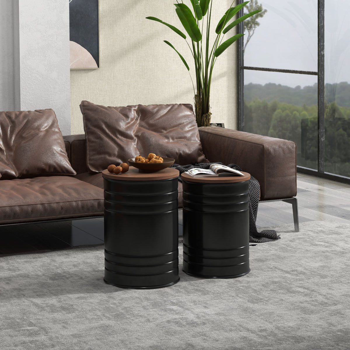 Round Nesting Side Tables Set of 2 with Storage - Black-Home Furnishings > Living Room Furniture > Side¬†Tables-DECOROLALA