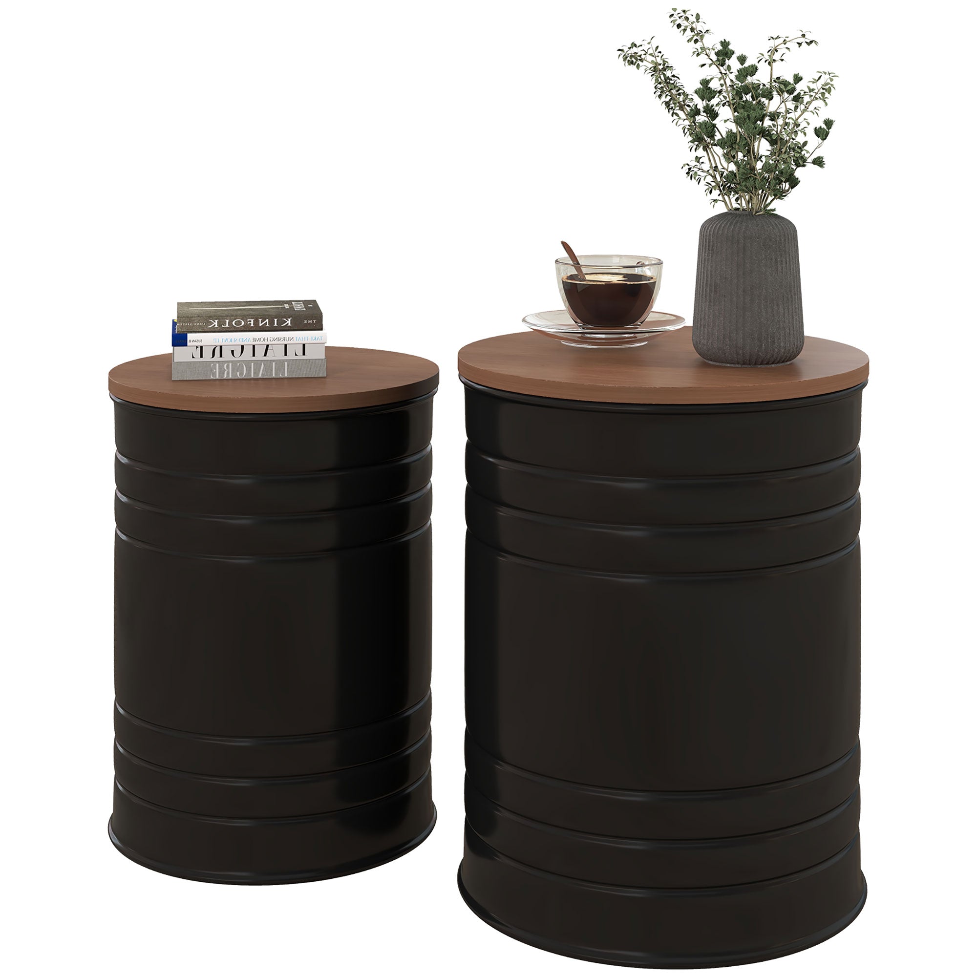 Round Nesting Side Tables Set of 2 with Storage - Black-Home Furnishings > Living Room Furniture > Side¬†Tables-DECOROLALA