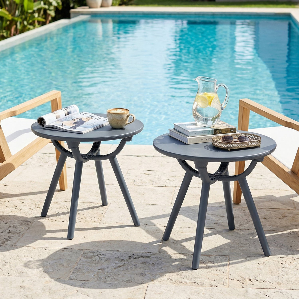 Round Patio Storage Side Table for Poolside and Balcony-set of 2-Patio Coffee Tables-DECOROLALA