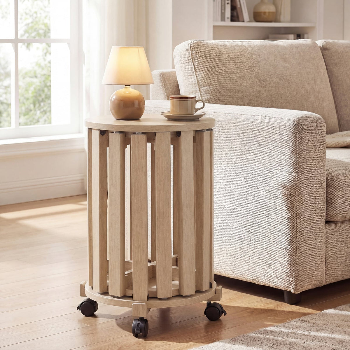 Round Portable Wood Nesting Stools with Locking Casters-Natural-Dining Chairs-DECOROLALA