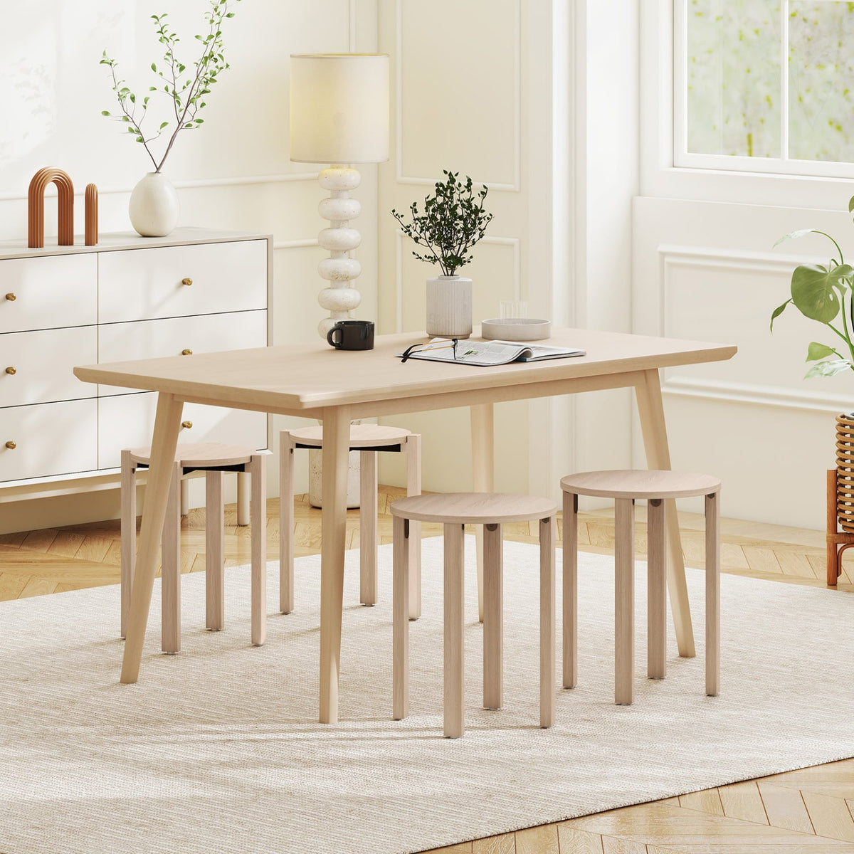 Round Portable Wood Nesting Stools with Locking Casters-Natural-Dining Chairs-DECOROLALA