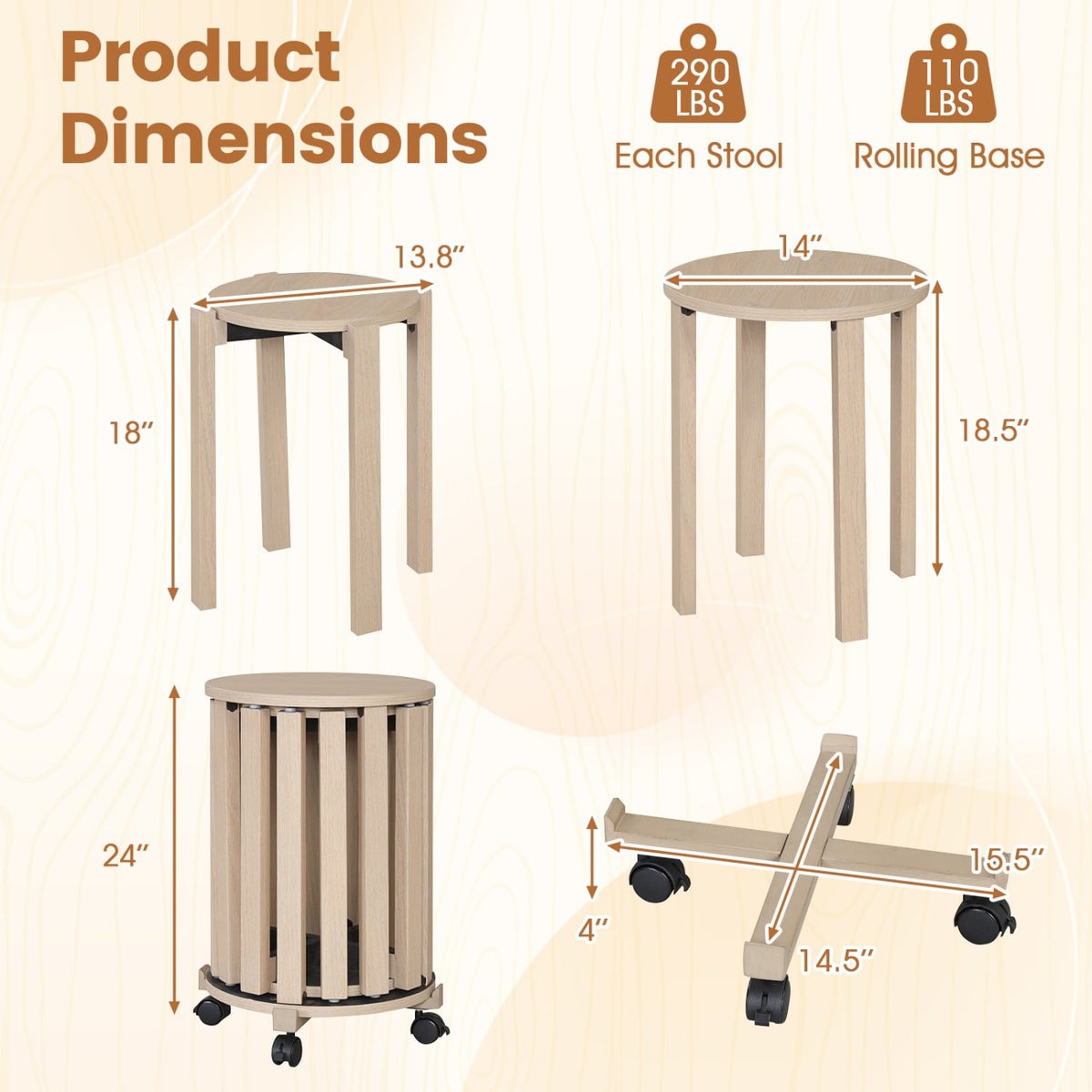 Round Portable Wood Nesting Stools with Locking Casters-Natural-Dining Chairs-DECOROLALA