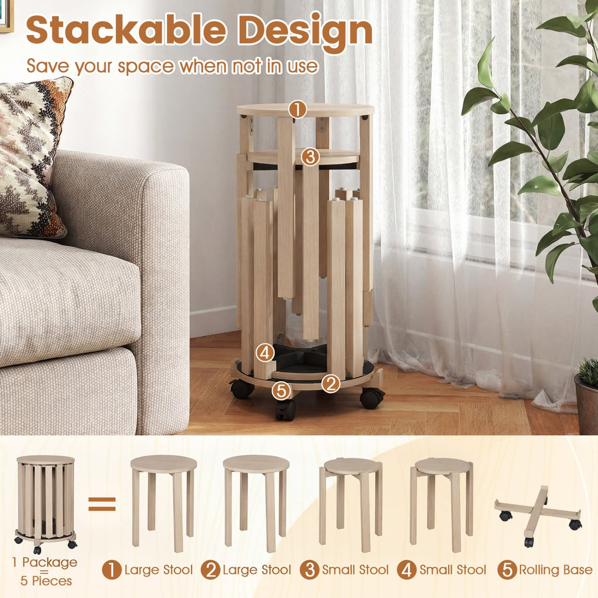 Round Portable Wood Nesting Stools with Locking Casters-Natural-Dining Chairs-DECOROLALA