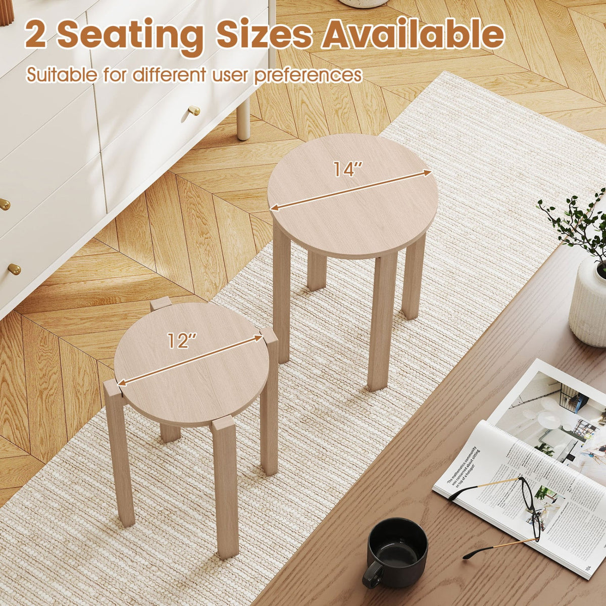 Round Portable Wood Nesting Stools with Locking Casters-Natural-Dining Chairs-DECOROLALA