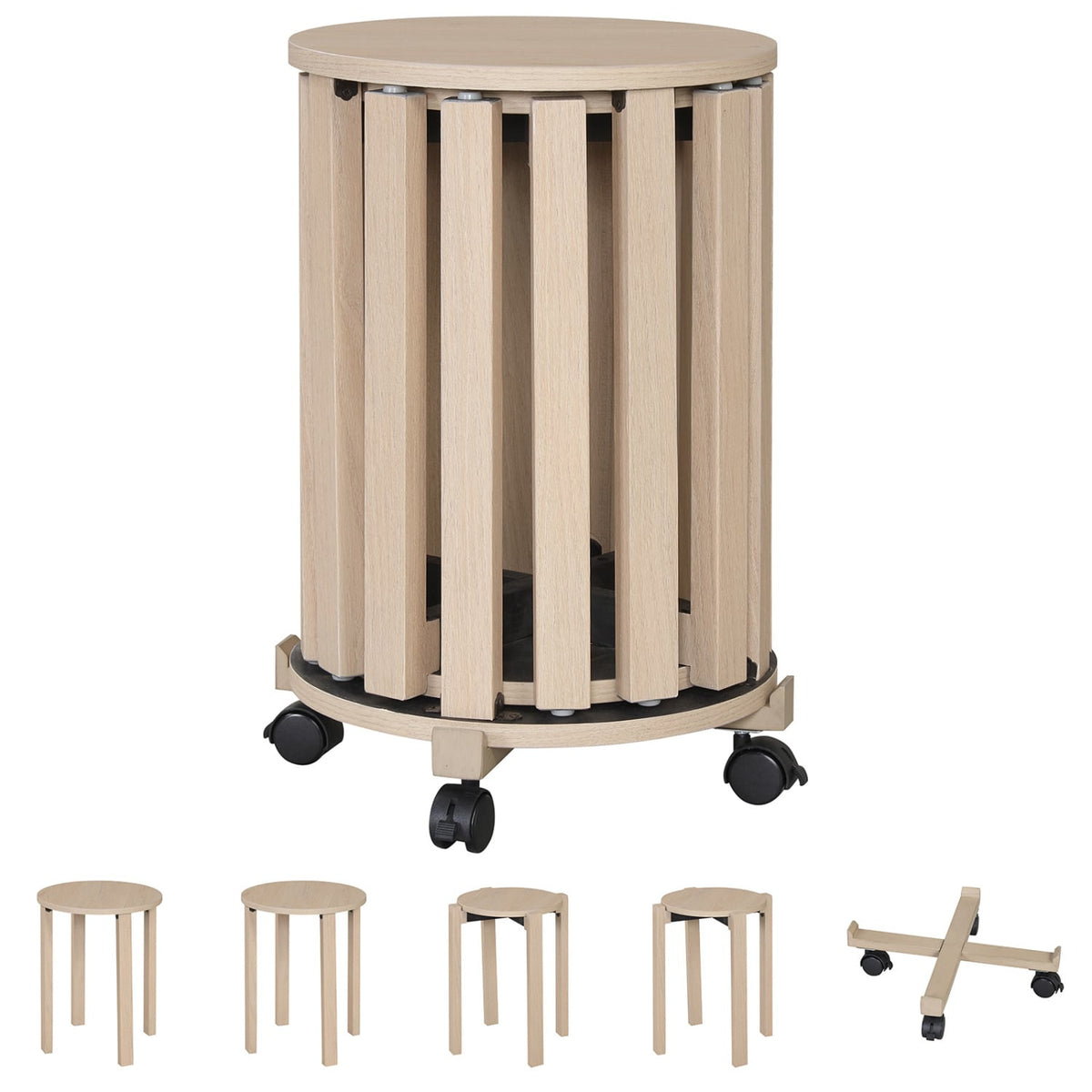 Round Portable Wood Nesting Stools with Locking Casters-Natural-Dining Chairs-DECOROLALA