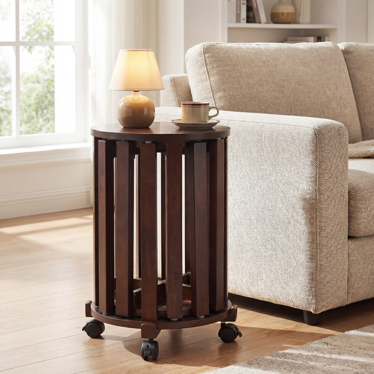 Round Portable Wood Nesting Stools with Locking Casters-Walnut-Dining Chairs-DECOROLALA