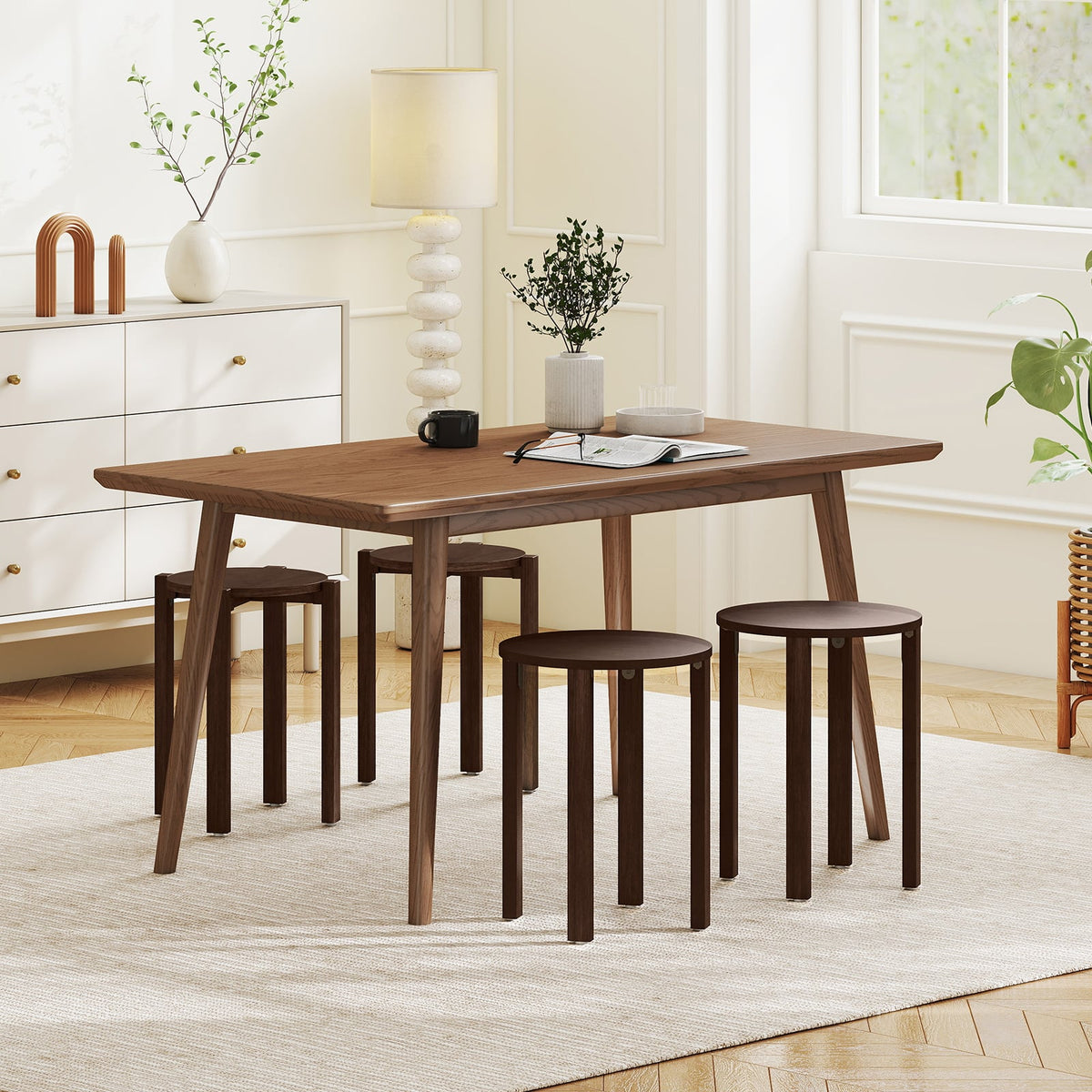 Round Portable Wood Nesting Stools with Locking Casters-Walnut-Dining Chairs-DECOROLALA