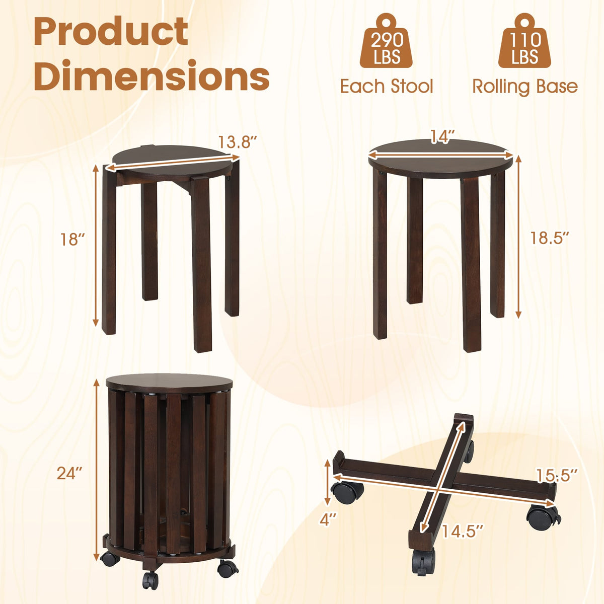 Round Portable Wood Nesting Stools with Locking Casters-Walnut-Dining Chairs-DECOROLALA