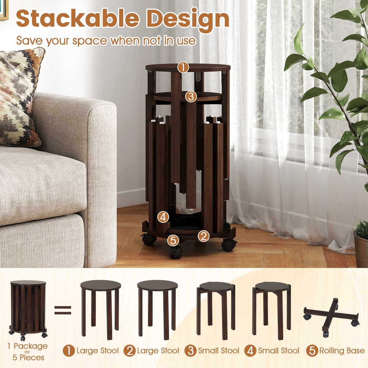 Round Portable Wood Nesting Stools with Locking Casters-Walnut-Dining Chairs-DECOROLALA