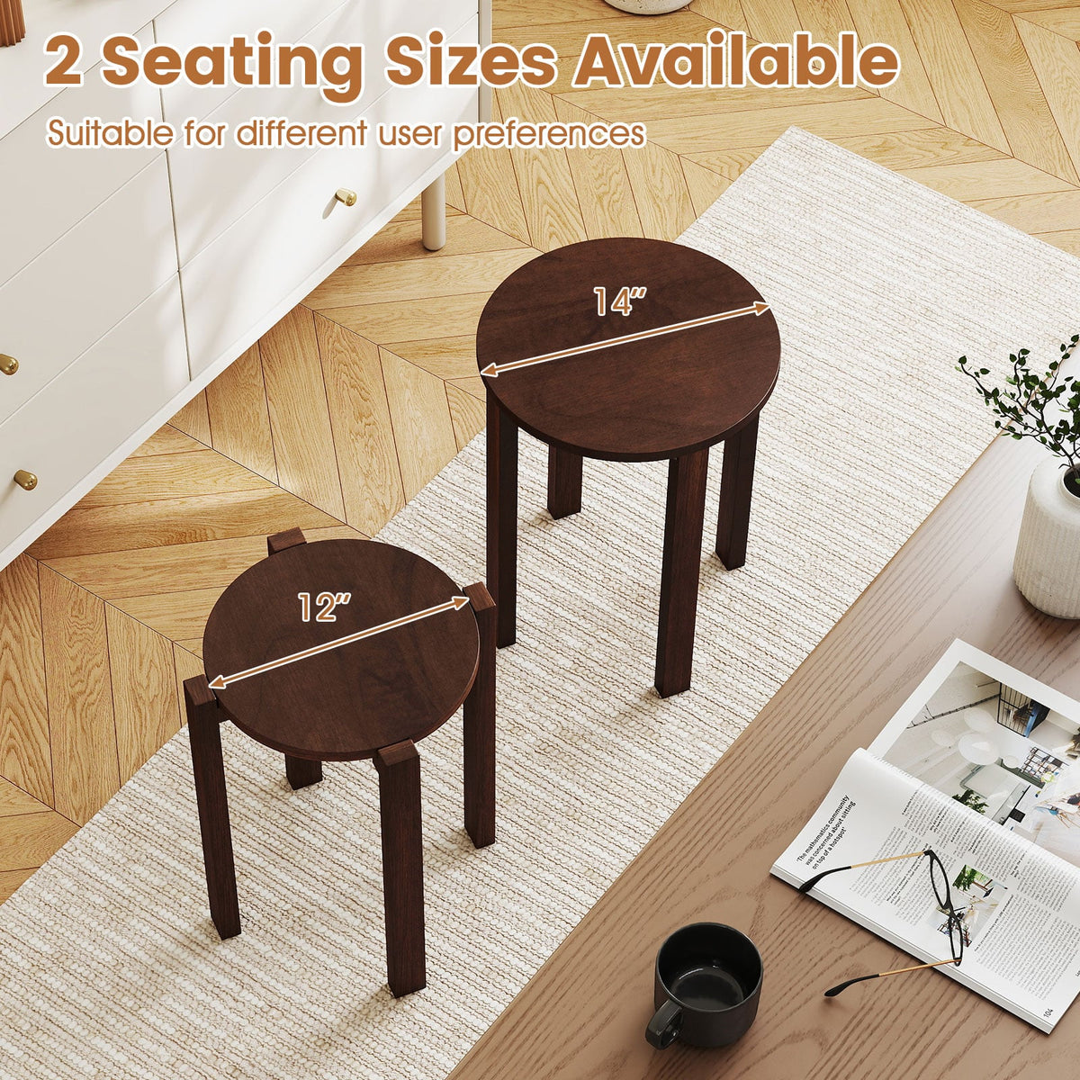 Round Portable Wood Nesting Stools with Locking Casters-Walnut-Dining Chairs-DECOROLALA