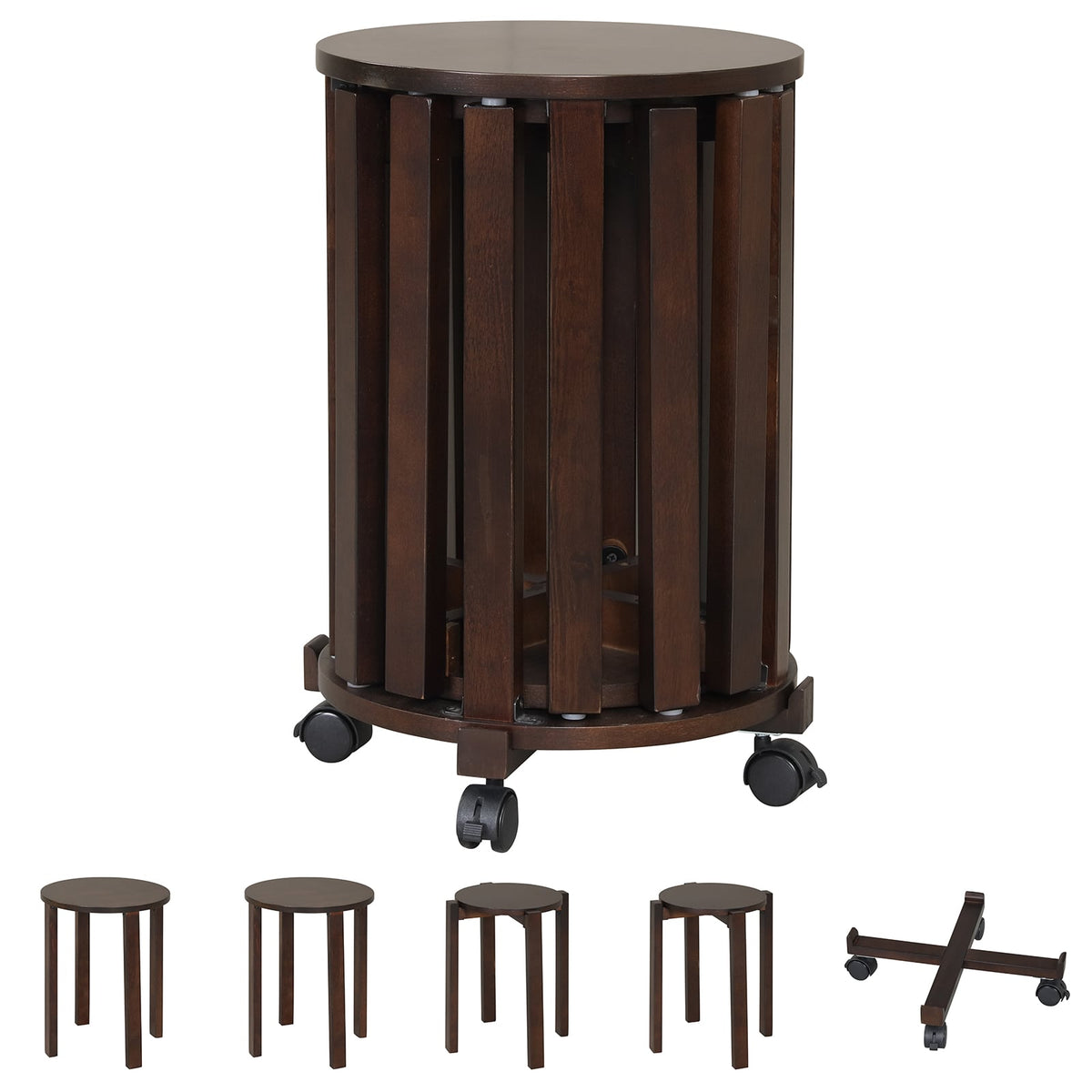 Round Portable Wood Nesting Stools with Locking Casters-Walnut-Dining Chairs-DECOROLALA