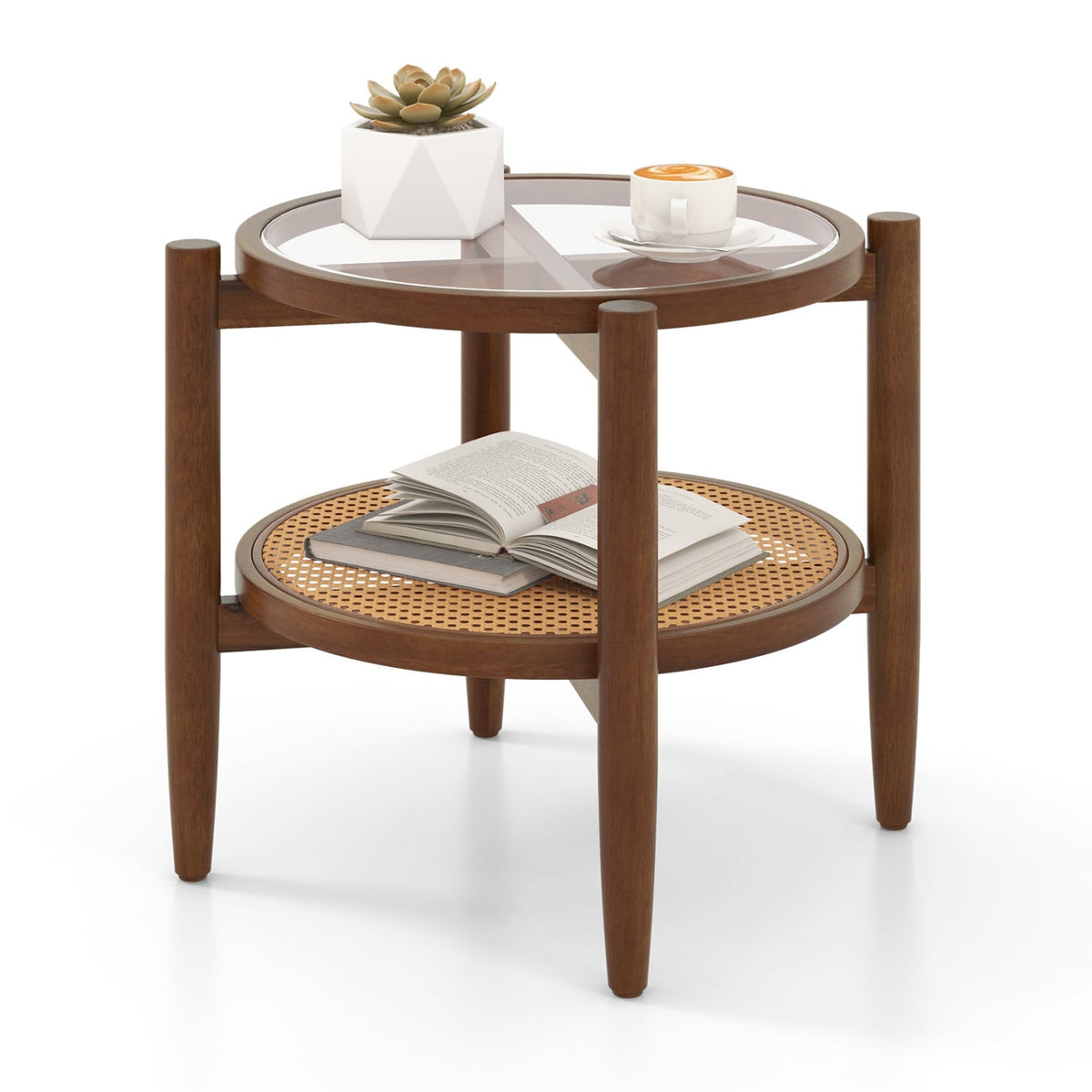 Round Rattan Side End Table with Tempered Glass Tabletop-Walnut-End & Side Tables-DECOROLALA