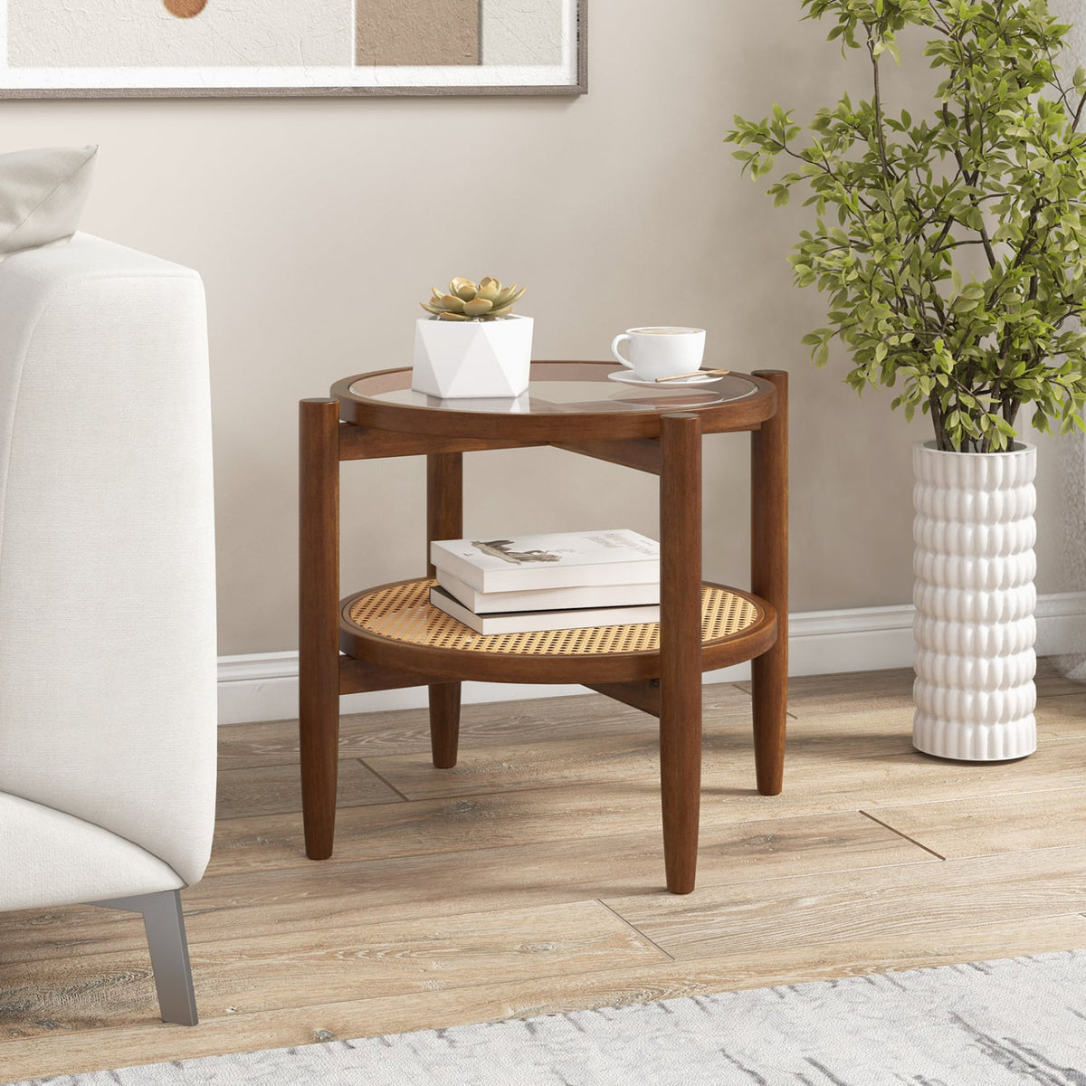 Round Rattan Side End Table with Tempered Glass Tabletop-Walnut-End & Side Tables-DECOROLALA