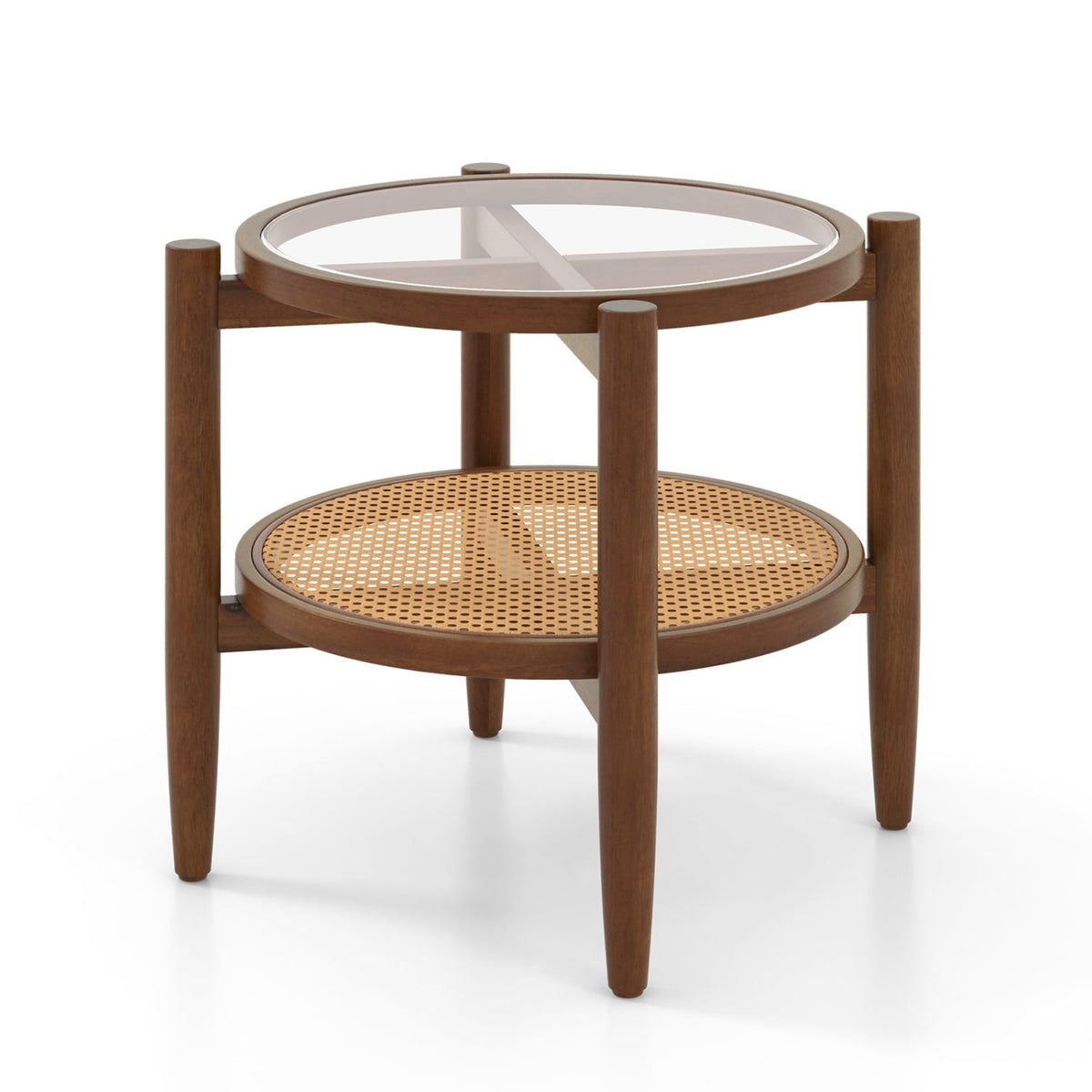 Round Rattan Side End Table with Tempered Glass Tabletop-Walnut-End & Side Tables-DECOROLALA