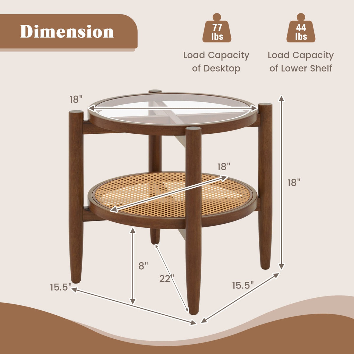 Round Rattan Side End Table with Tempered Glass Tabletop-Walnut-End & Side Tables-DECOROLALA