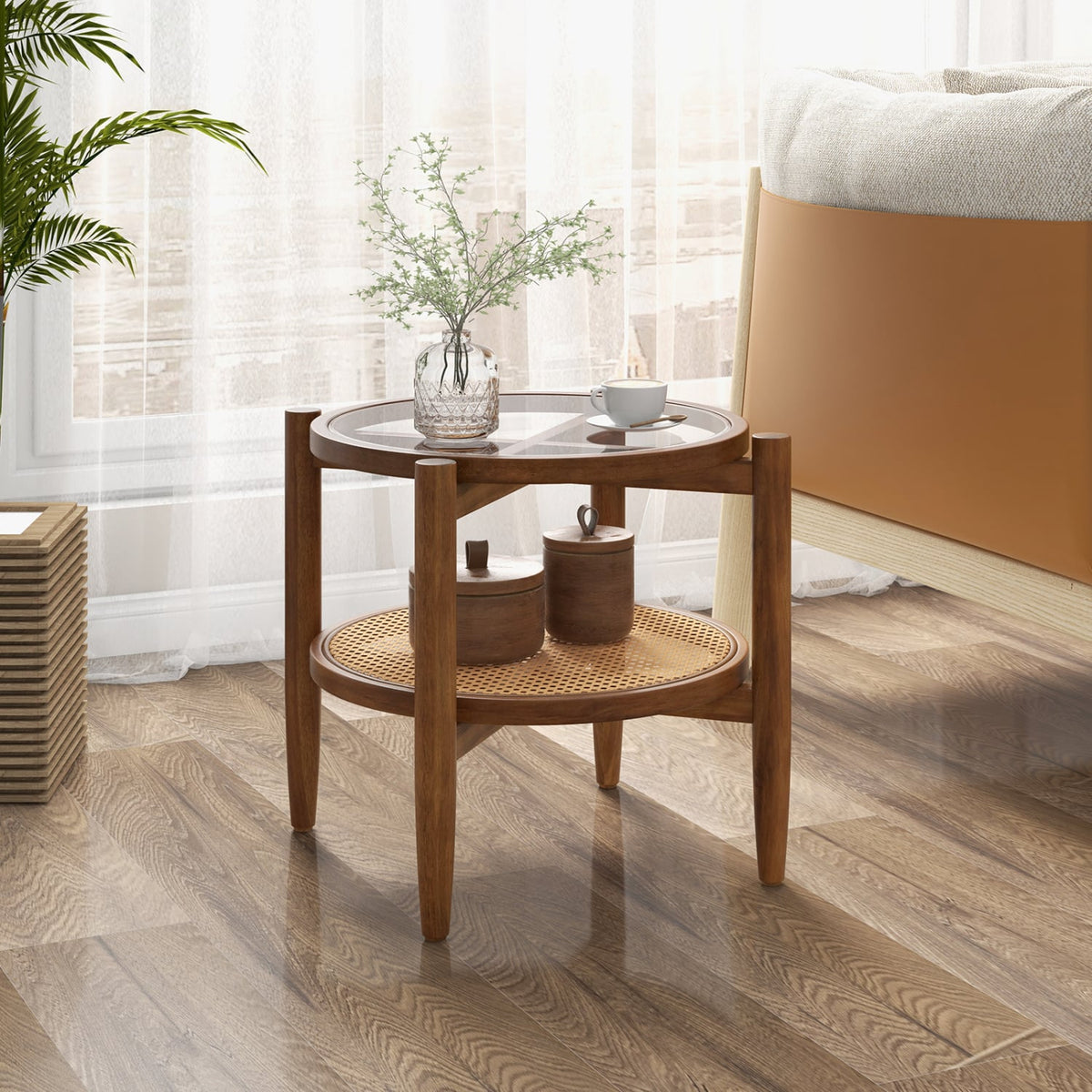 Round Rattan Side End Table with Tempered Glass Tabletop-Walnut-End & Side Tables-DECOROLALA