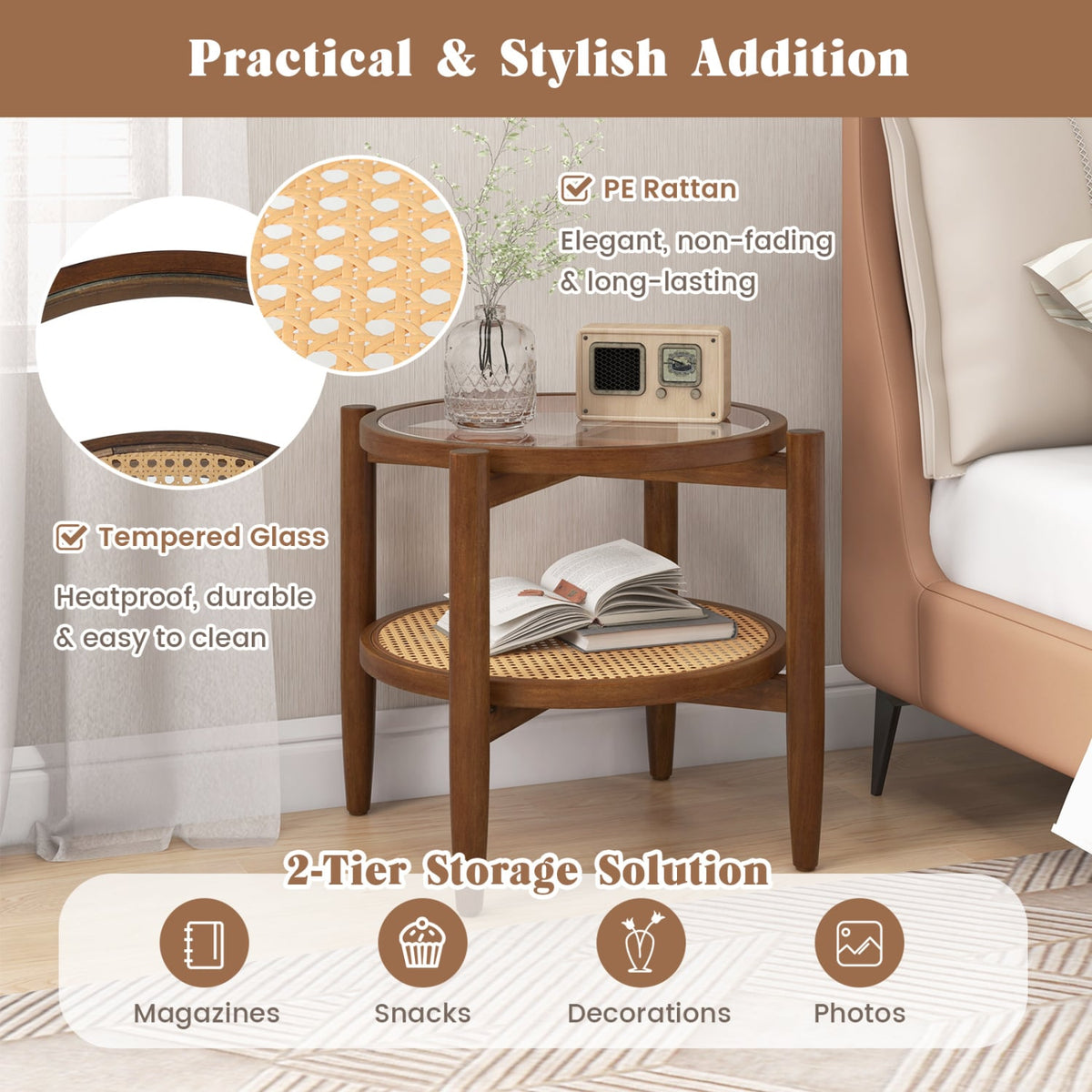 Round Rattan Side End Table with Tempered Glass Tabletop-Walnut-End & Side Tables-DECOROLALA