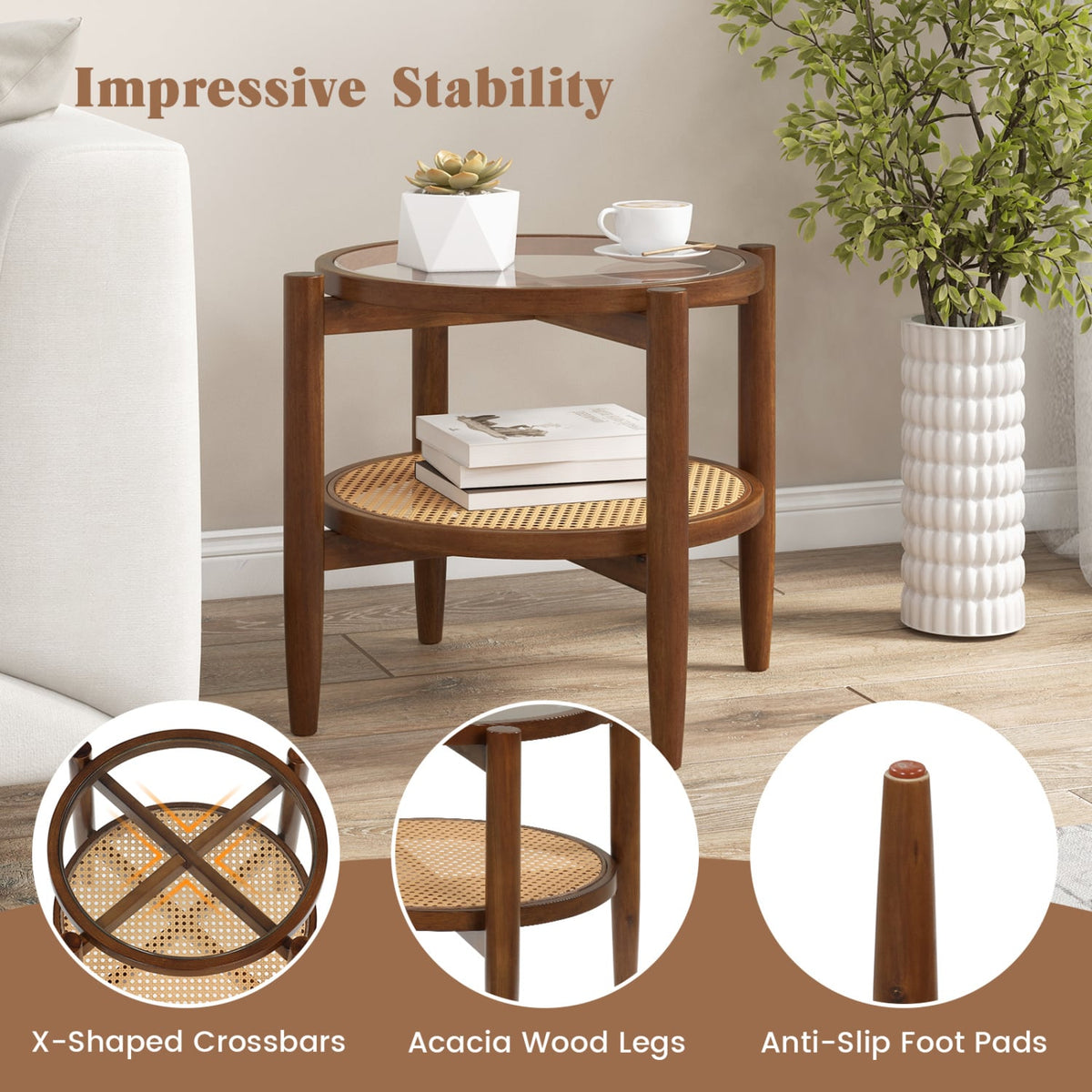 Round Rattan Side End Table with Tempered Glass Tabletop-Walnut-End & Side Tables-DECOROLALA