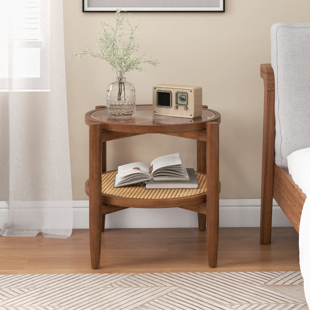 Round Rattan Side End Table with Tempered Glass Tabletop-Walnut-End & Side Tables-DECOROLALA