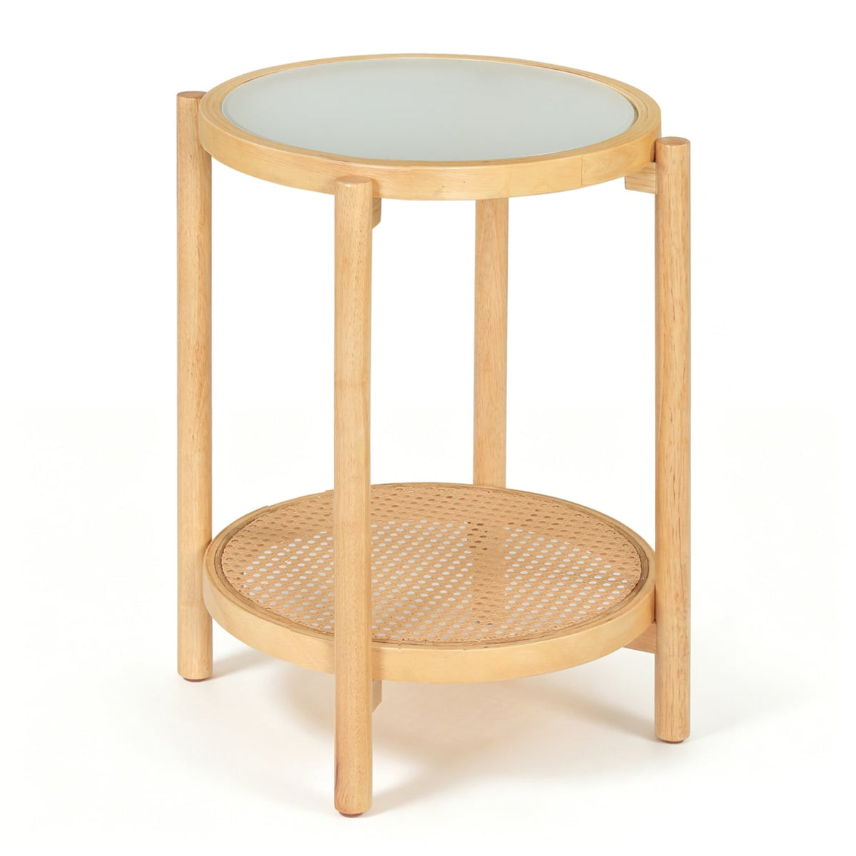 Round Side Table 2-Tier Boho End Table with Tempered Glass Top-Natural-End & Side Tables-DECOROLALA