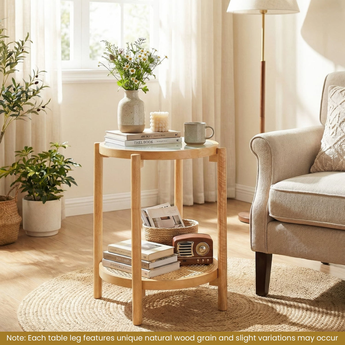 Round Side Table 2-Tier Boho End Table with Tempered Glass Top-Natural-End & Side Tables-DECOROLALA