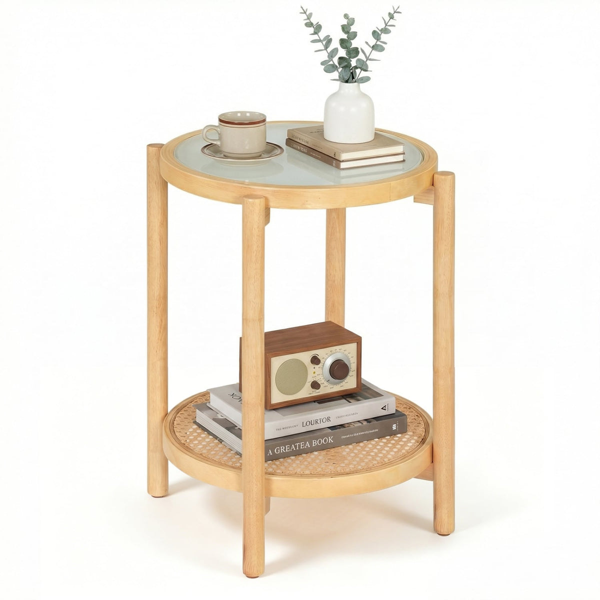 Round Side Table 2-Tier Boho End Table with Tempered Glass Top-Natural-End & Side Tables-DECOROLALA