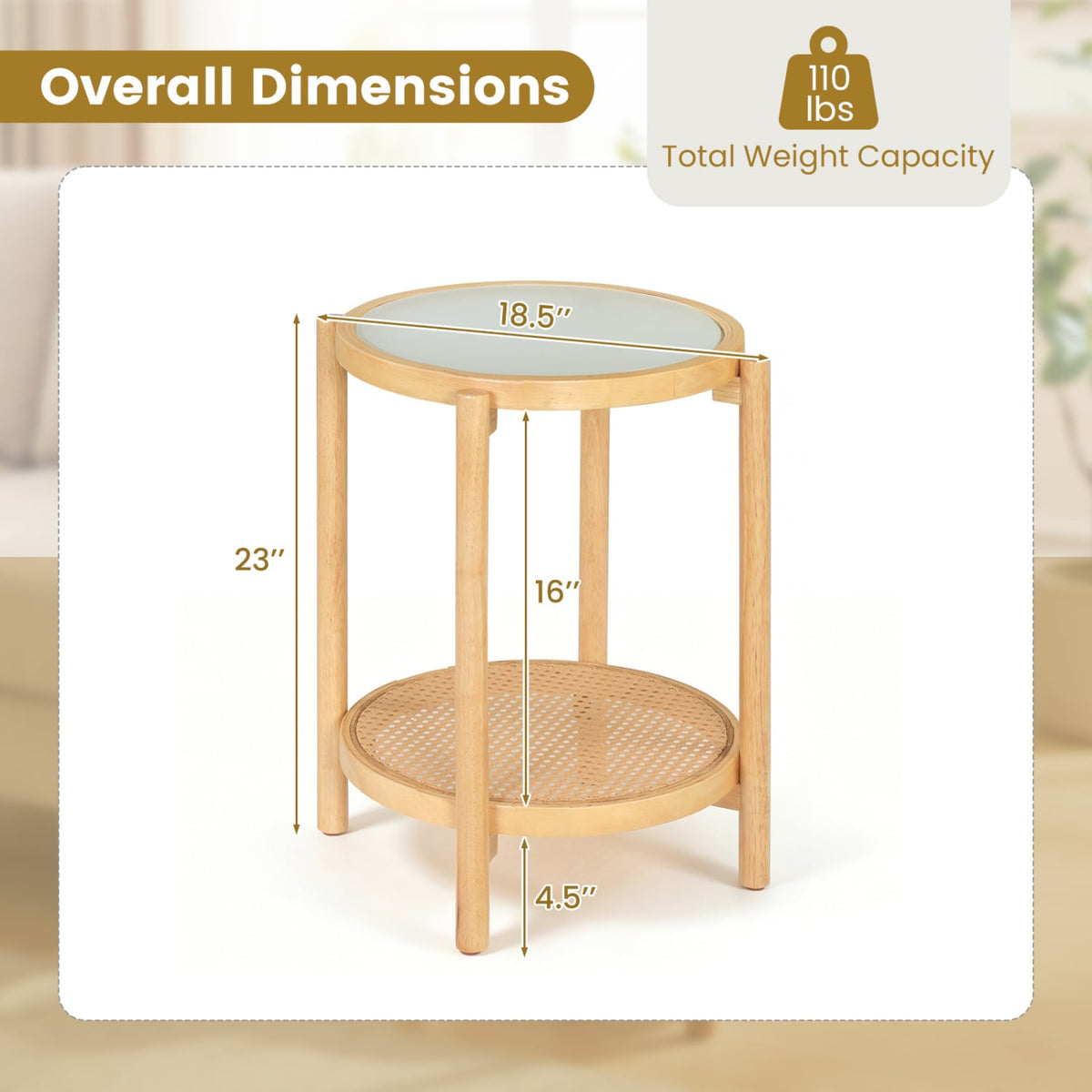 Round Side Table 2-Tier Boho End Table with Tempered Glass Top-Natural-End & Side Tables-DECOROLALA