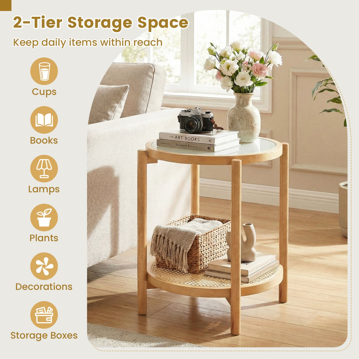 Round Side Table 2-Tier Boho End Table with Tempered Glass Top-Natural-End & Side Tables-DECOROLALA
