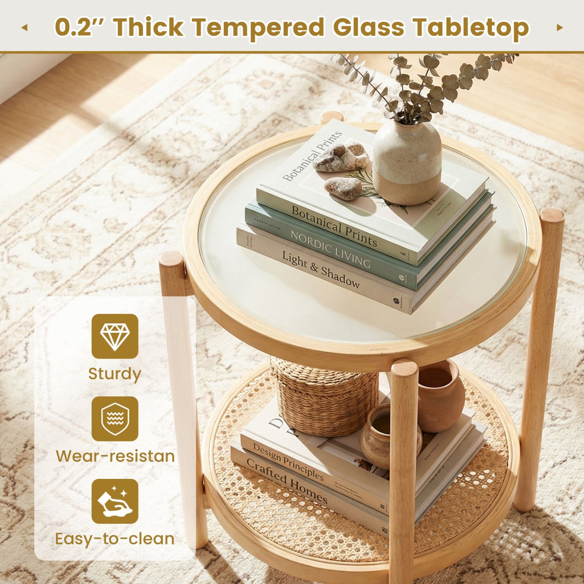 Round Side Table 2-Tier Boho End Table with Tempered Glass Top-Natural-End & Side Tables-DECOROLALA