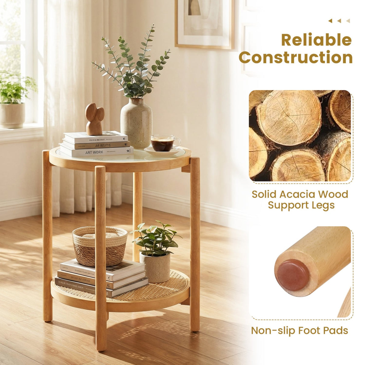Round Side Table 2-Tier Boho End Table with Tempered Glass Top-Natural-End & Side Tables-DECOROLALA