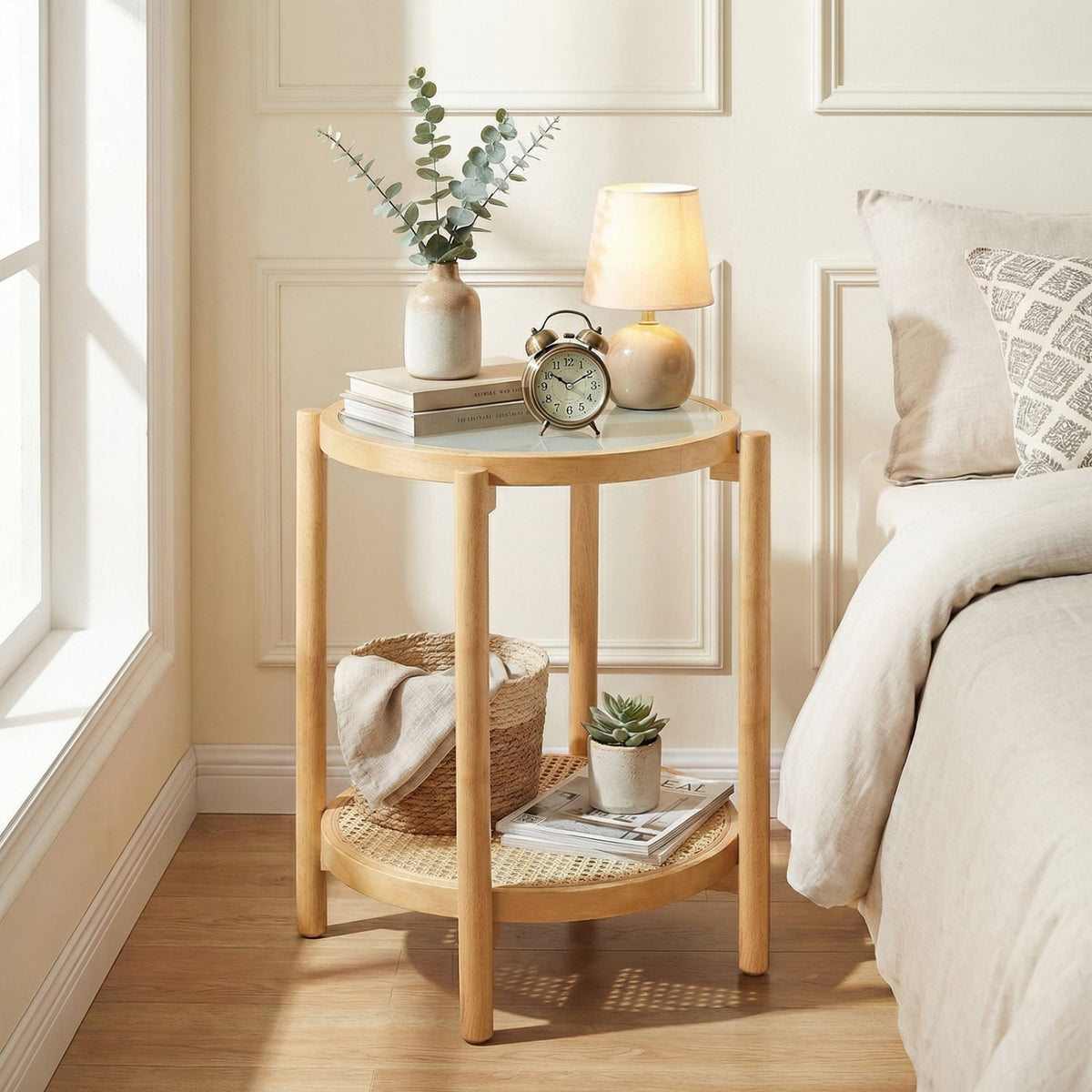 Round Side Table 2-Tier Boho End Table with Tempered Glass Top-Natural-End & Side Tables-DECOROLALA