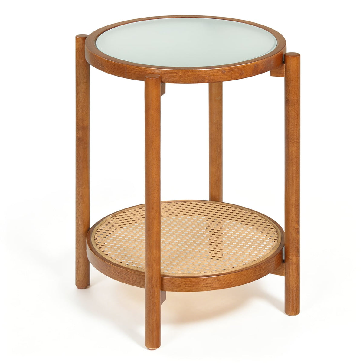 Round Side Table 2-Tier Boho End Table with Tempered Glass Top-Walnut-End & Side Tables-DECOROLALA