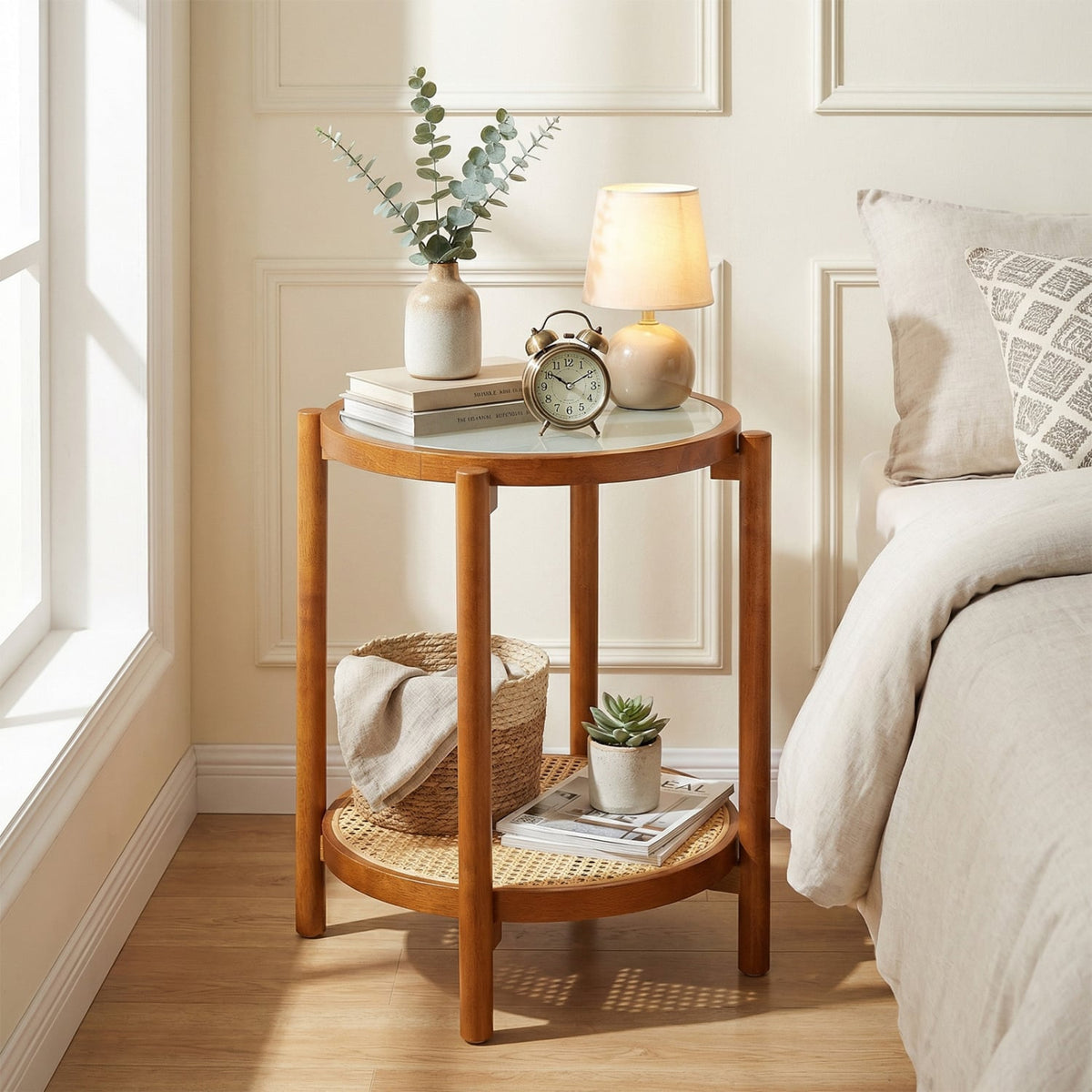 Round Side Table 2-Tier Boho End Table with Tempered Glass Top-Walnut-End & Side Tables-DECOROLALA