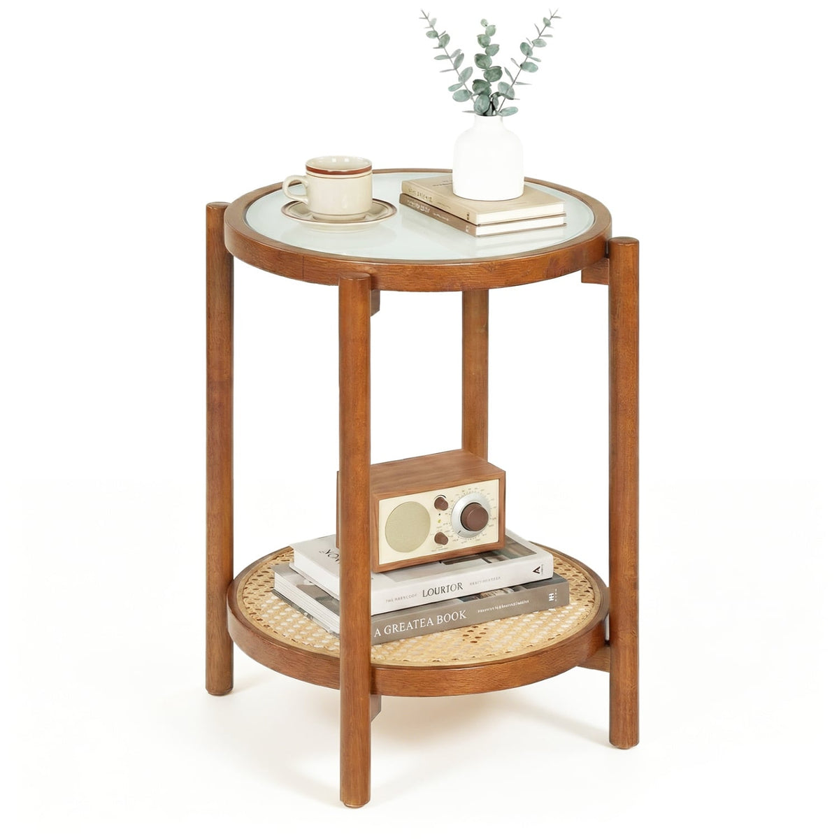 Round Side Table 2-Tier Boho End Table with Tempered Glass Top-Walnut-End & Side Tables-DECOROLALA