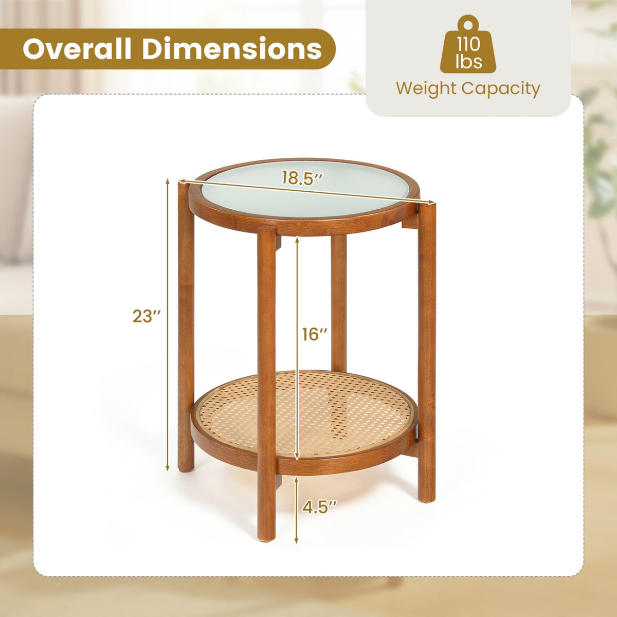 Round Side Table 2-Tier Boho End Table with Tempered Glass Top-Walnut-End & Side Tables-DECOROLALA