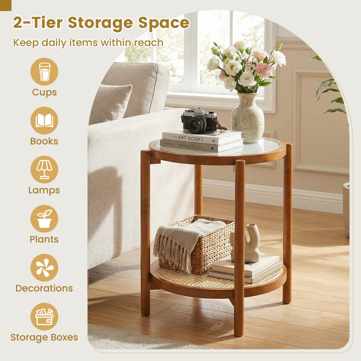 Round Side Table 2-Tier Boho End Table with Tempered Glass Top-Walnut-End & Side Tables-DECOROLALA