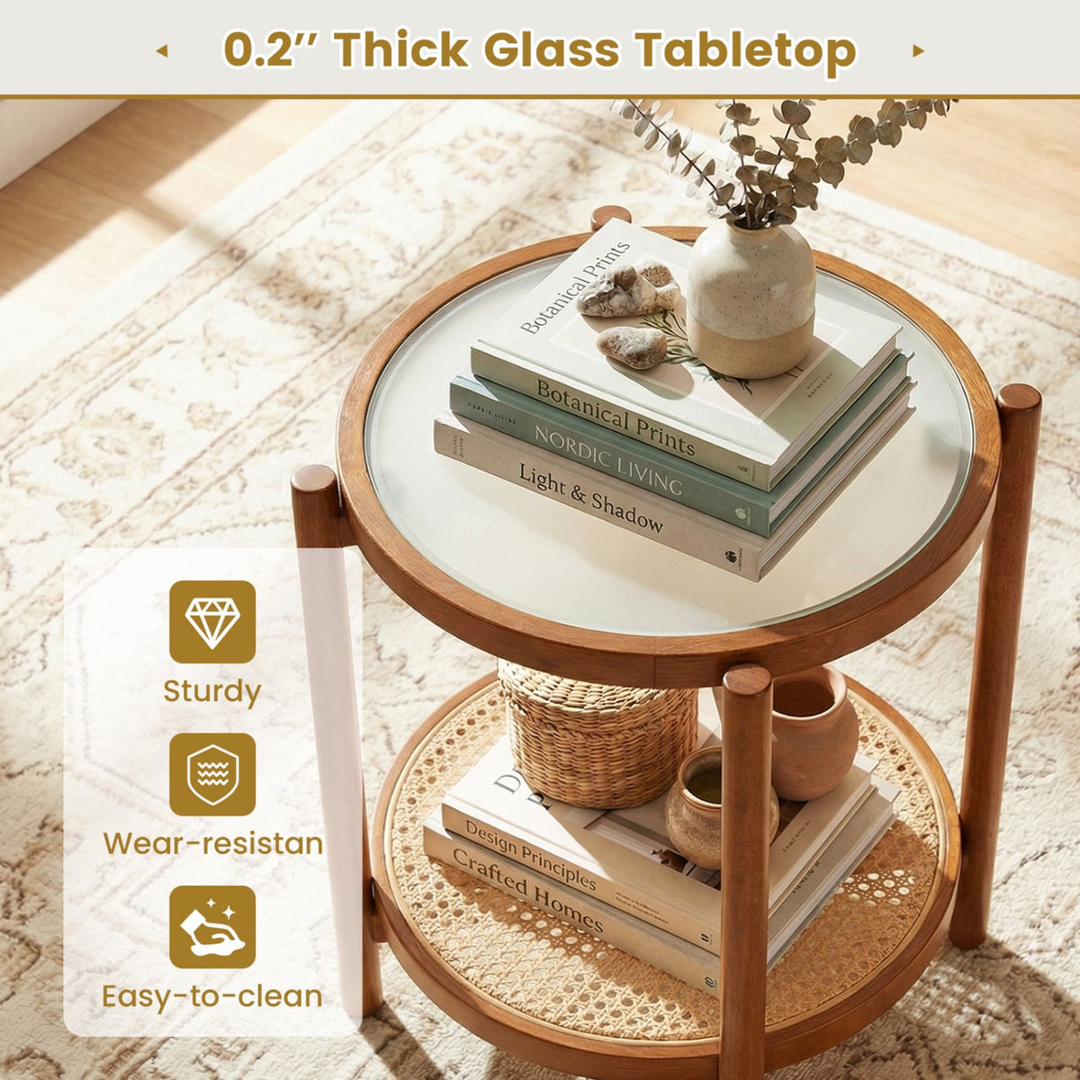 Round Side Table 2-Tier Boho End Table with Tempered Glass Top-Walnut-End & Side Tables-DECOROLALA